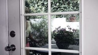 Young blonde gets face full of cum after being caught