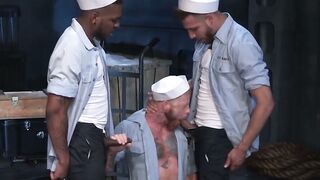 Hunky sailors butt banging in interracial threesome