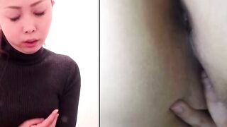 Big tits Asian babes caught pussy playing in public toilet