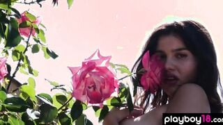 hot all natural Laura Devushcat showing off and stripping int the garden