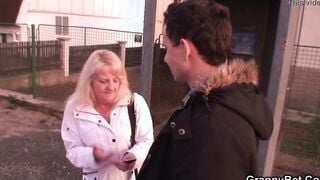 Very mature blonde grandma riding his young cock