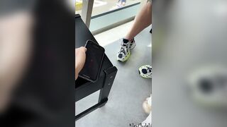 Outdoor flashing and orgasm inside the shop – dildo control
