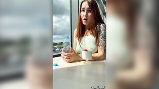 Outdoor flashing and orgasm inside the shop – dildo control