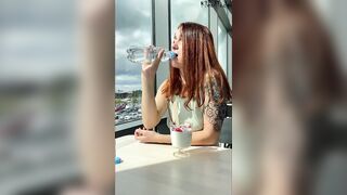 Outdoor flashing and orgasm inside the shop – dildo control