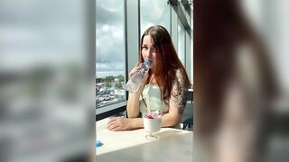 Outdoor flashing and orgasm inside the shop – dildo control