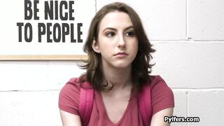 Coed thief with huge jugs sucking off cock at the office