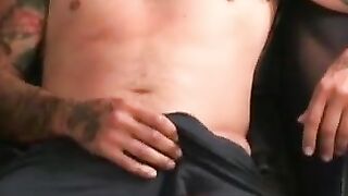 MenWorkinXXX.com - Tattooed dude tugs his cock until he splatters cum on his belly