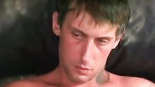 MenWorkinXXX.com - Tattooed dude tugs his cock until he splatters cum on his belly
