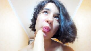 Cutie amazing Myla Angel blowing sex toy with passion, showing boobies and twat!