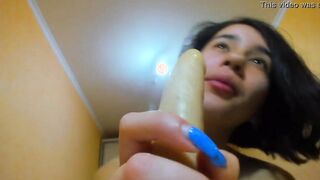 Cutie amazing Myla Angel blowing sex toy with passion, showing boobies and twat!