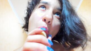 Cutie amazing Myla Angel blowing sex toy with passion, showing boobies and twat!