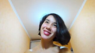 Cutie amazing Myla Angel blowing sex toy with passion, showing boobies and twat!