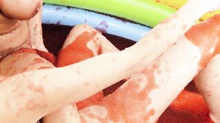 Crazy Hot girls covered inside jello masturbate side by side