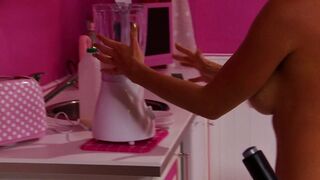 Sporty blonde masturbates with a toy before hunk pounds her