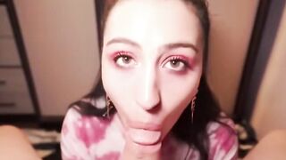 "Blonde MILF Sucks Her Man Off With Eyes Closed And A Smile On Face"