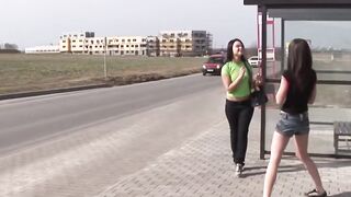 Lesbian BFFs share intimate moments on public bus stop bench - Erin Electra & Lola Foxx