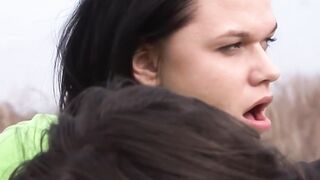 Lesbian BFFs share intimate moments on public bus stop bench - Erin Electra & Lola Foxx