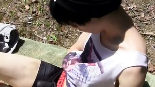 "Wild Outdoors Naked Twinks - Scene 1" or "Nature's Calling - Young Hunk Masturabtes Outside". This new title is more descriptive of what happens in this scene while maintaining