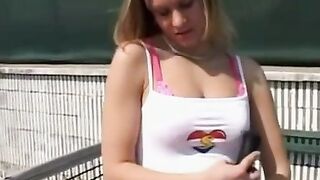 Sexy blonde babe caught masturbating outdoors with public orgasm