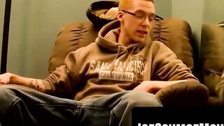 Nerd Glasses Girl Stroking Her Man's Dick Until He Explodes With Pleasure