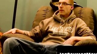 Nerd Glasses Girl Stroking Her Man's Dick Until He Explodes With Pleasure