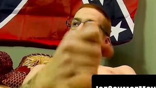 Nerd Glasses Girl Stroking Her Man's Dick Until He Explodes With Pleasure
