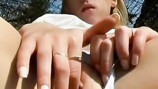 Outdoor Sex Kitten Doll Fucks Herself in Public Park