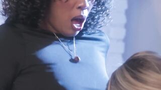 Misty Stone stretches chubby Nickey Huntsmans cunt with her strap on