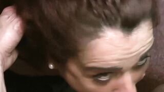 Gangbanged redhead devours a ton of rock solid cock
