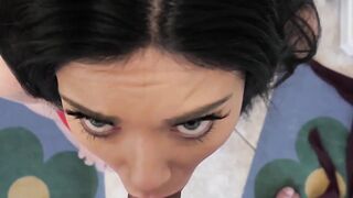 Stunning cougar Megan Maiden on her knees sucking a fat cock