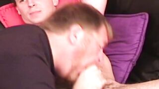 Bearded mature guy deepthroats hard young cock like a pro