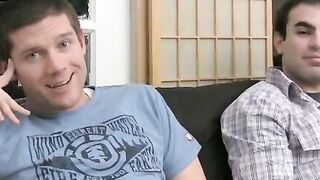Short hair chick sucks one and fucks another big dick