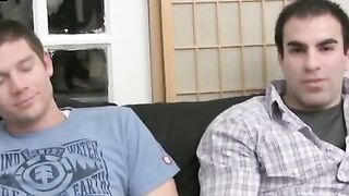 Short hair chick sucks one and fucks another big dick