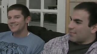 Short hair chick sucks one and fucks another big dick