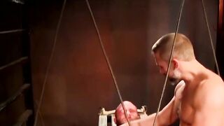 Dominatrix Pins And Whips Submissive Man In Bondage Session