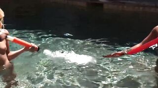 Poolside Lesbian Threesome with Hot Blonde Twins - Carmen & Morgan