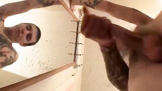 Tatted-Up Biker Guy Jacks Off & Splatters A Huge Load
