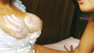 2 turned on cunt with mouth covered into cream masturbate with vibrators