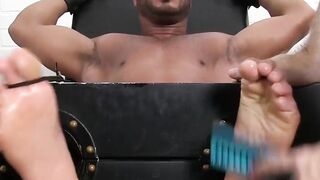 Black Bondage Stud Faceslapped And Dominated By White Mistress In Foot-Fucking Orgy