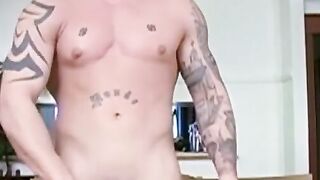 Tatted Up Hunk Jerks Off After Interrogation Scene