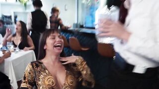 Scarlet-Rose & Dakota-Quinn - Throat Fucked by Two Hunks at Dinner Table