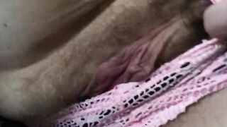 Pose Unshaved Cunt into Pink Fishnet Shorts American Cougar 25