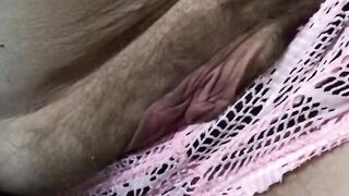 Pose Unshaved Cunt into Pink Fishnet Shorts American Cougar 25