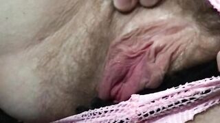 Pose Unshaved Cunt into Pink Fishnet Shorts American Cougar 25