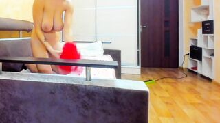 Hottie striptease. Myla Angel into red dress, cunt spreading, finger bang, having fun with jugs!
