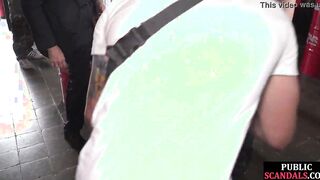 Tied outdoor bimbo humiliated inside group before cockriding