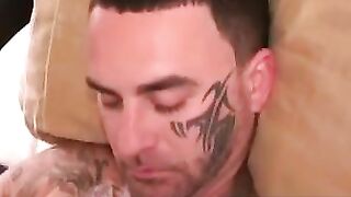 Tatted-Up Hunk Jerking Off His Piercing For The Cameras