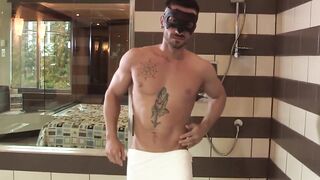 Masked Hunk Showering Off His Enormous Dick in Public