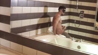 Masked Hunk Showering Off His Enormous Dick in Public