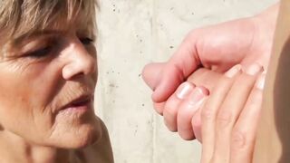 Grandma's Outdoor Sex Adventure - Old Lady Sucks barely legal Stud in Public
